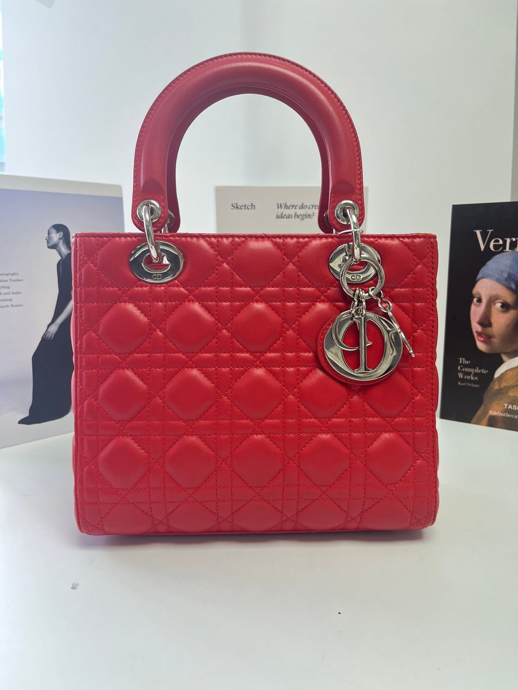 Christian Dior Medium Lady Dior Bag in Cherry Red Cannage Lambskin