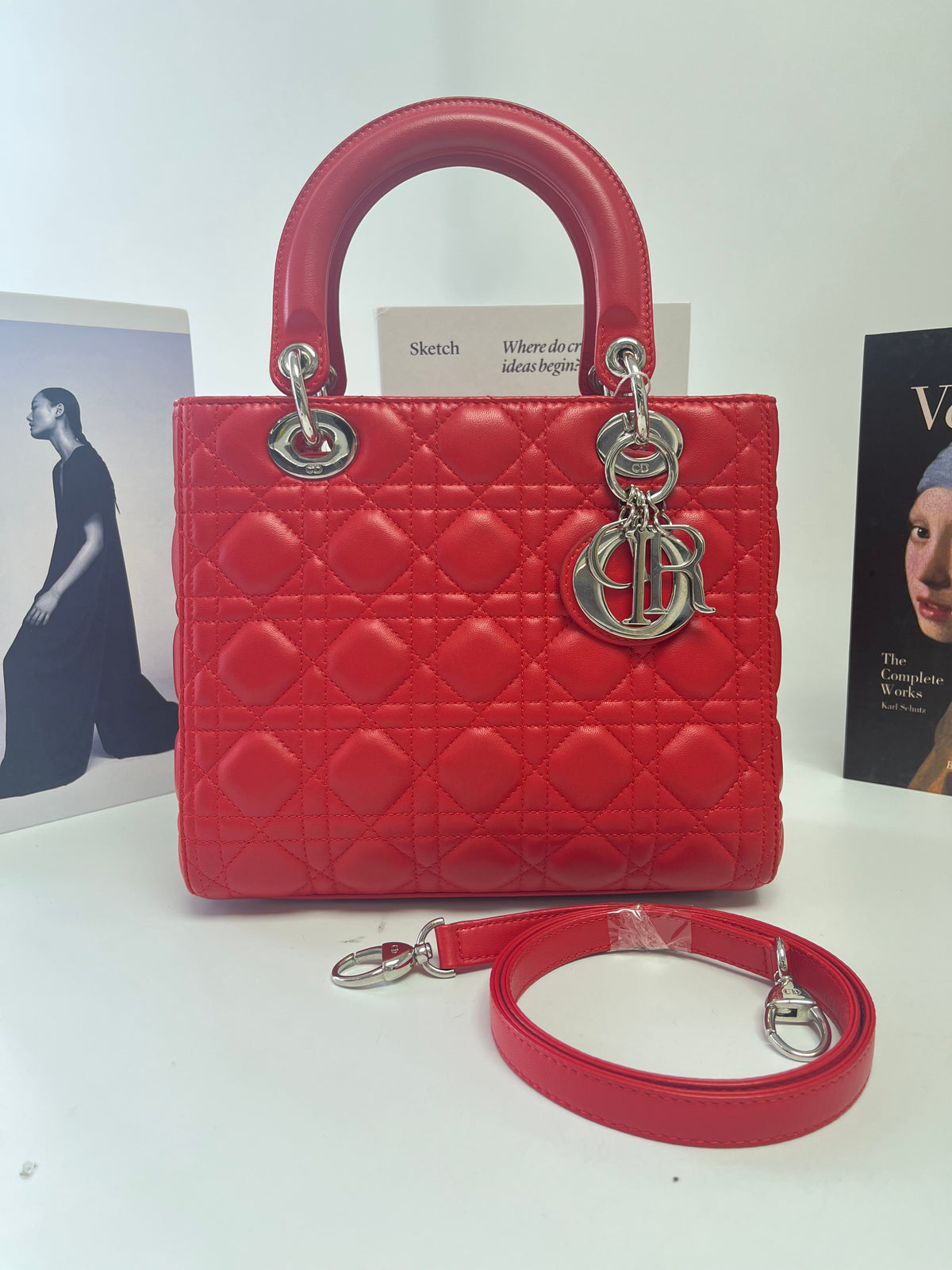 Christian Dior Medium Lady Dior Bag in Cherry Red Cannage Lambskin
