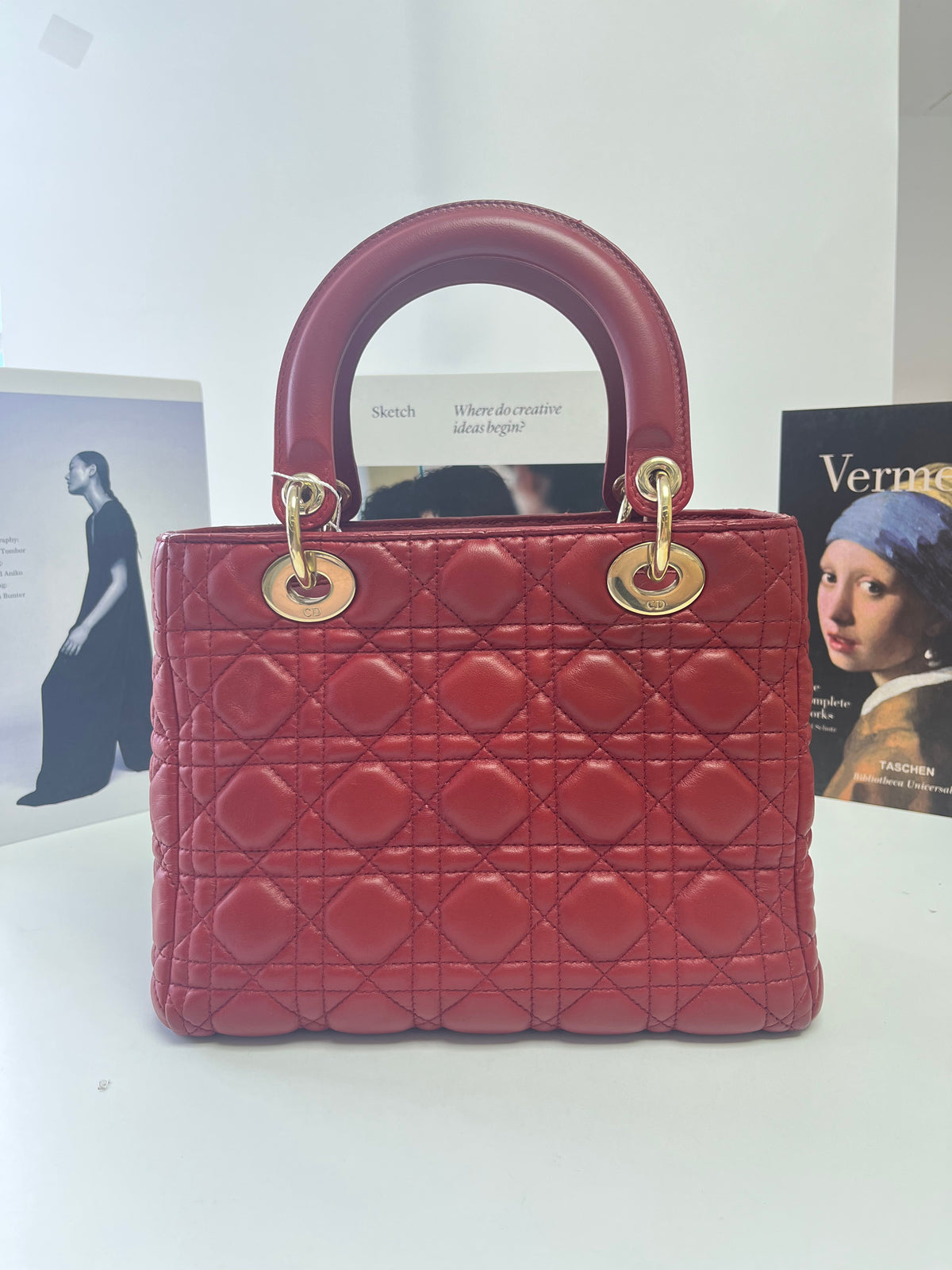 Medium Lady Dior Bag with Strap Garance Red Cannage Lambskin