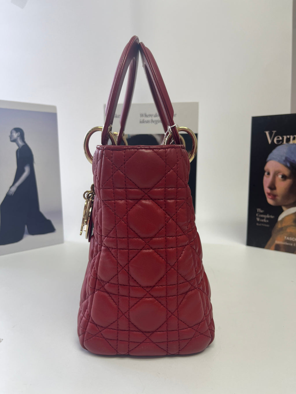 Medium Lady Dior Bag with Strap Garance Red Cannage Lambskin