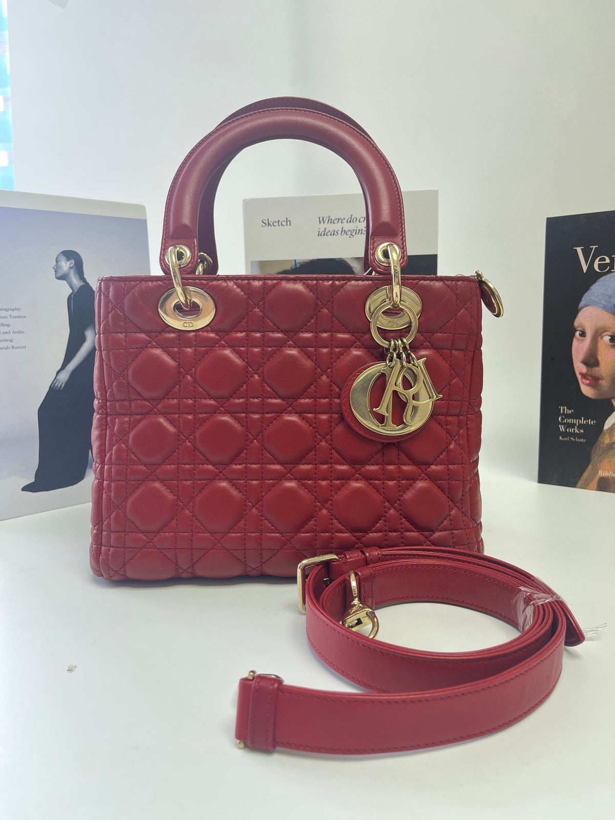 Medium Lady Dior Bag with Strap Garance Red Cannage Lambskin