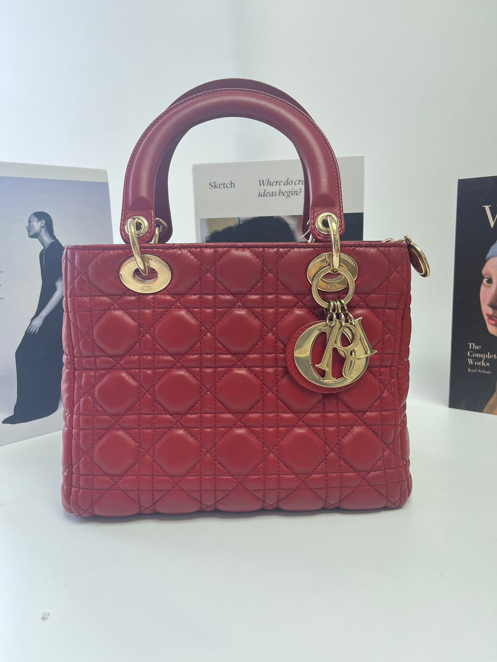 Medium Lady Dior Bag with Strap Garance Red Cannage Lambskin