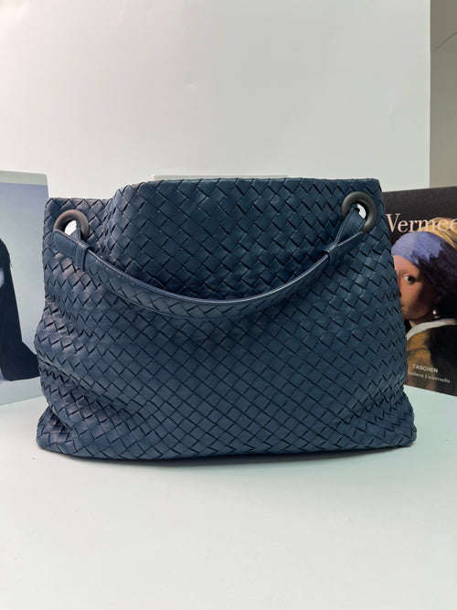 Blue Intrecciato Woven Nappa Leather Seamless Garda Tote Bag