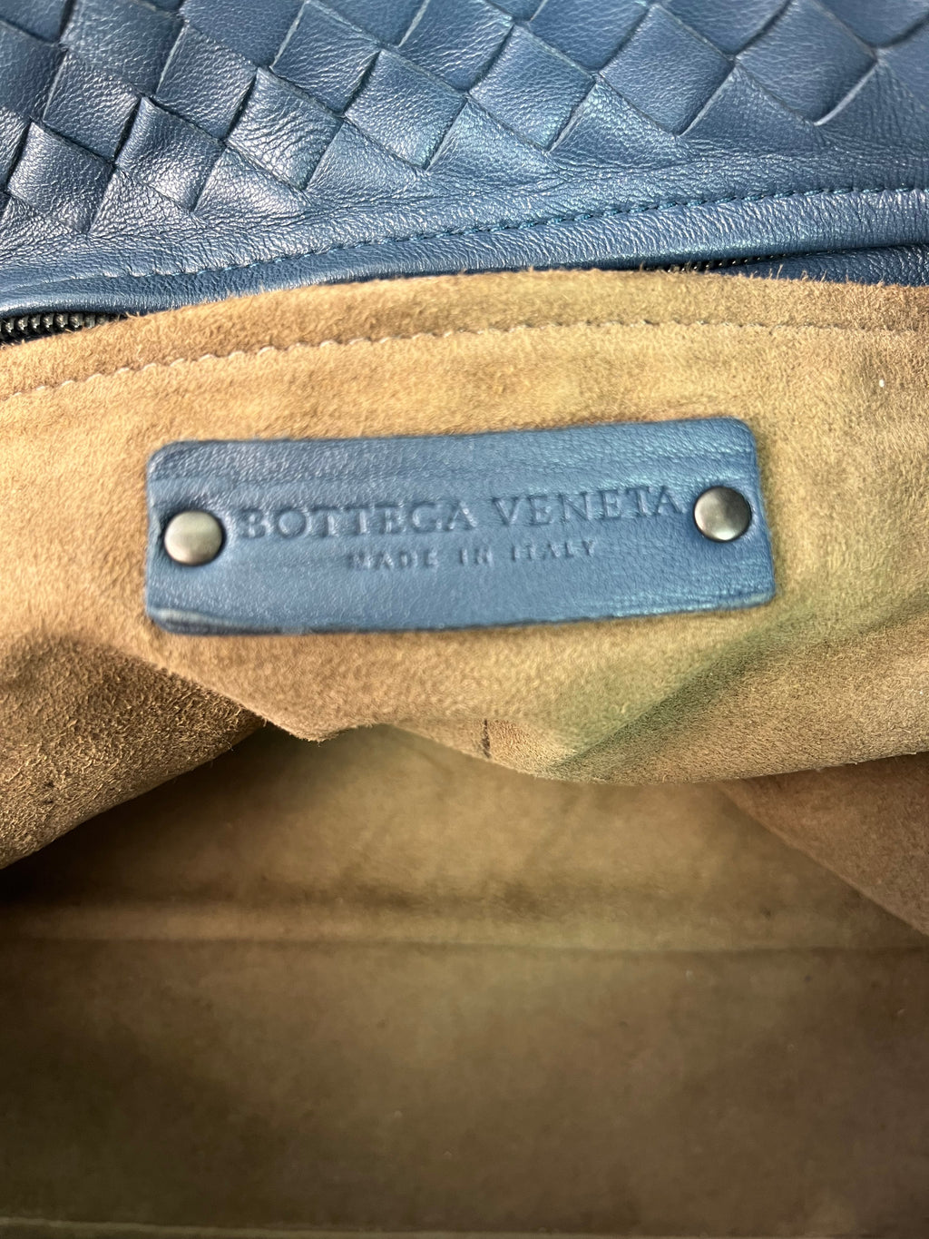 Blue Intrecciato Woven Nappa Leather Seamless Garda Tote Bag