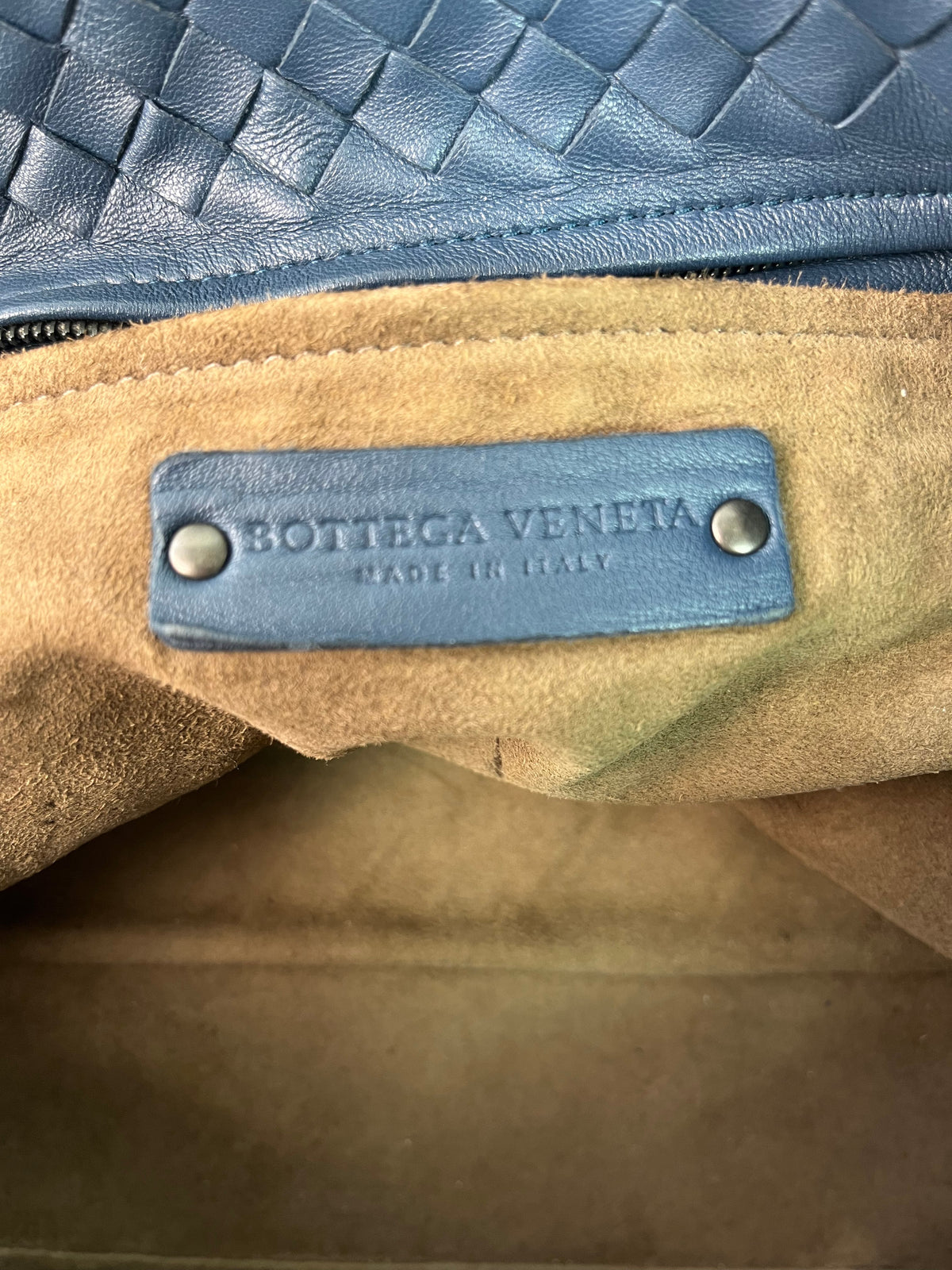 Blue Intrecciato Woven Nappa Leather Seamless Garda Tote Bag