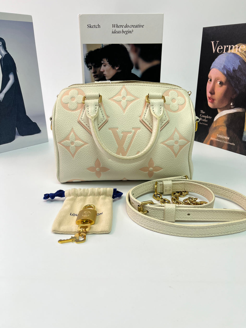 Louis Vuitton Monogram Empreinte Bicolor Speedy Bandouliere 20 Handbag Pink White