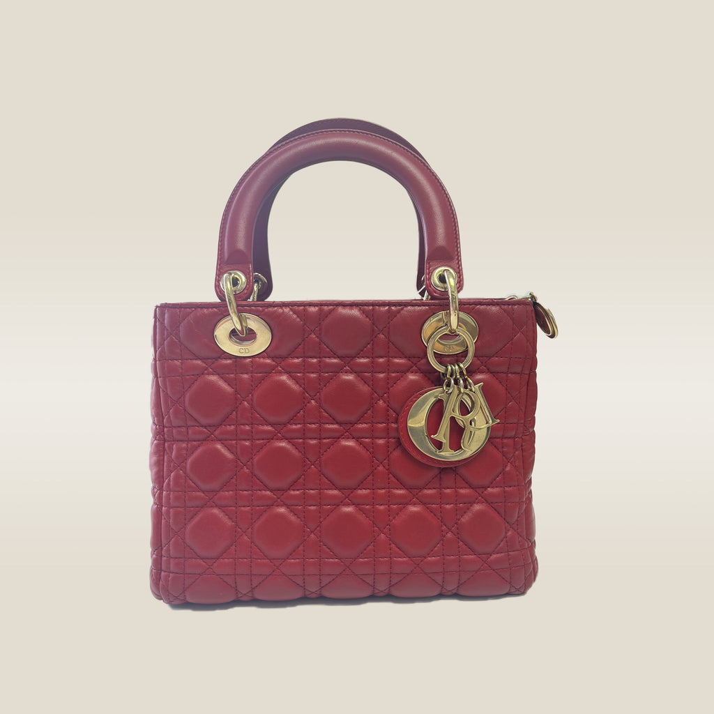 Medium Lady Dior Bag with Strap Garance Red Cannage Lambskin